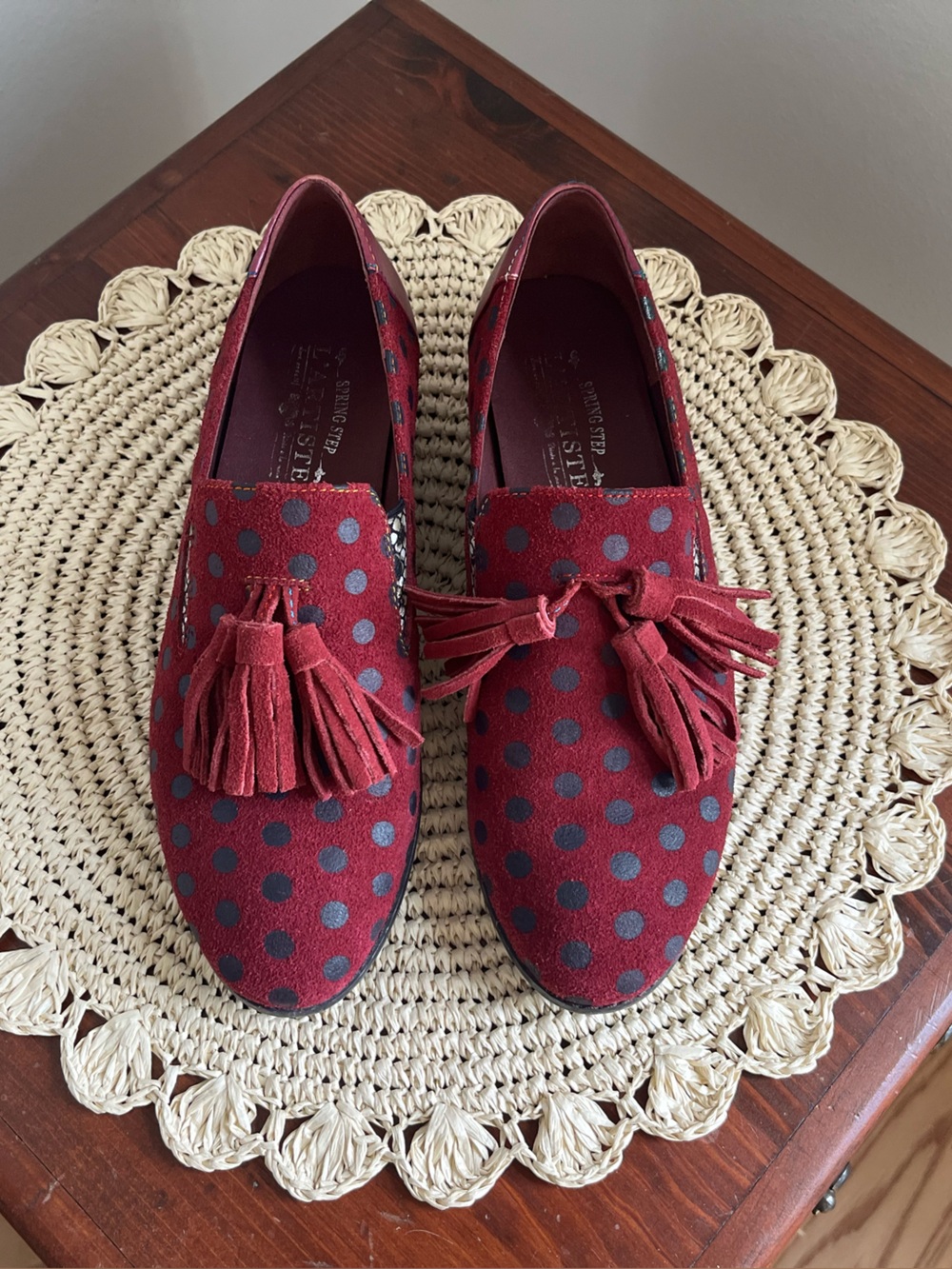 Women's Klasik Tassel Loafer in Burgundy/Wine Polka Dot Suede